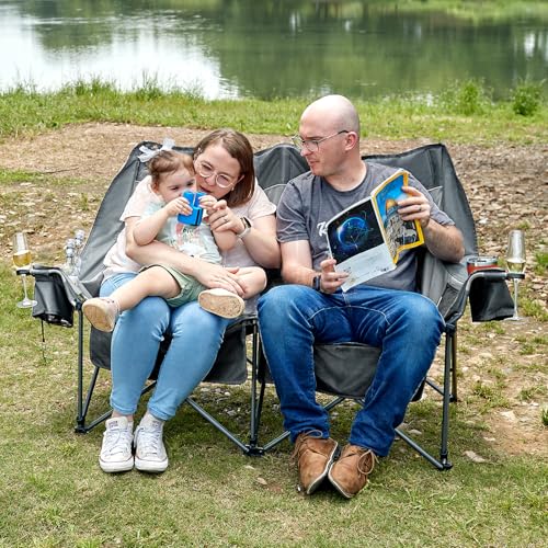 Timber Ridge 600 lbs Double Camping Chair, Ultra-Wide Heavy Duty Outdoor Folding Camp Couch, Loveseat Camping Chairs Perfect for Campsites, Patio/Lawn, Soccer Games or Other Youth Sports, Supports - color: Loveseat Grey