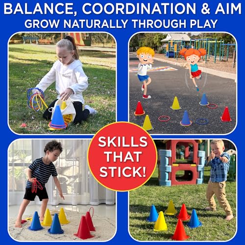 Ring Toss Game, Obstacle Course for Kids 3-5 & Birthday Party Games, Carnival Bean Bags for Tossing Gross Motor Toys for Toddlers 3-5, 12 Rings & 12 Bean Bags, 6 Cones for Kids, PE Equipment