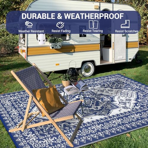 GarveeHome Large Outdoor Rug 10x20 Waterproof Reversible Mat Camping Rugs Indoor Outdoor Rugs Carpet with 4 Stakes & Portable Bag Plastic Straw Rug for Patio Deck Balcony Pool RV Camping, Navy - color: Vintage Navy/White, size: 10' x 20' (Rectangular)