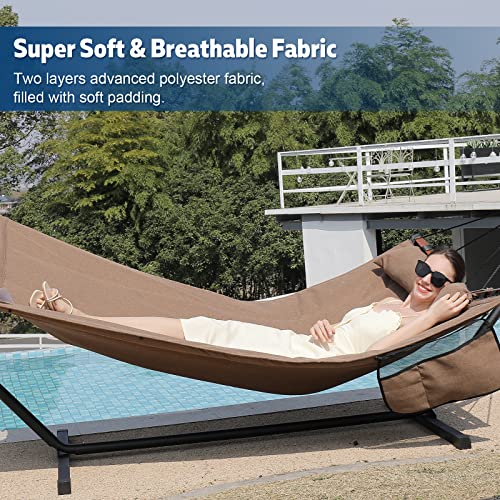 TegerDeger 12FT 2 Person Hammock with Stand Included 55 x 79IN Large Hammock 450LB Capacity with Hardwood Spreader Bar & Nylon Rope for Outside, Patio, Garden, Backyard, Beach, Poolside - Brown - color: Brown