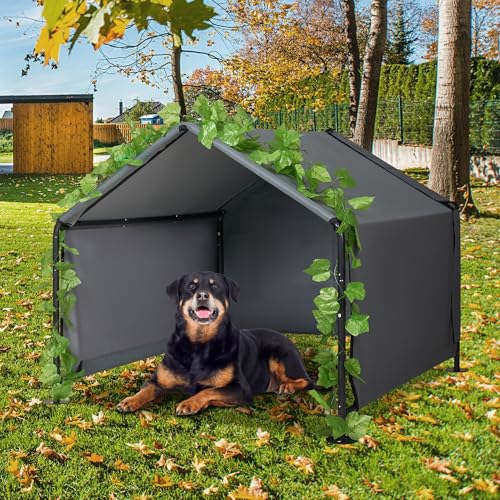 4'x 4'x 3.3' Large Dog Shade Shelter Outdoor Tent Dog House for Large Medium Dogs, Outside Sun Rain Canopy Pet House for Homeless Cats Livestock with Rainproof Cover with Artificial Grapevine Leaves