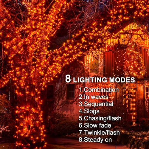 weillsnow 164FT 500 LED Orange Halloween Lights, 8 Modes Waterproof Plug in String Lights for Halloween Indoor Outdoor Yard Party Wedding Garden Home Decorations (Orange) - color: Orange, size: 164FT