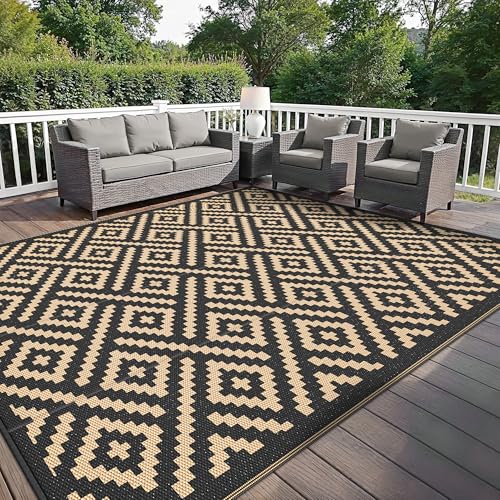sarben Outdoor Rug for Patio - Waterproof Plastic Straw Camping Rugs 10x14 ft, Reversible Outdoor Indoor RV Mat Carpet for Patio, Porch, Deck, Balcony, Picnic, Beach, Black Brown - color: Black&brown, size: 10' x 14' (Rectangular)