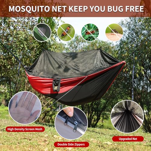Camping Hammock with Net,Portable Lightweight Double Hammocks with Tree Straps and Solid D-Shape Carabiners,Parachute Nylon Hammock for Backpacking Beach Backyard Patio Hiking Black&Red - color: Black & Red, size: X-Large