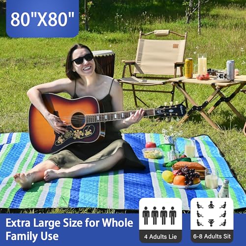 HX&OD Outdoor Picnic Blanket Extra Large, 80''*80'' Waterproof Picnic Mat with Stakes Foldable Camping Blanket Portable with Carry Strap for Beach Mat (Blue, 80''*80'') - color: Blue, size: 6'8" x 6'8" (Square)