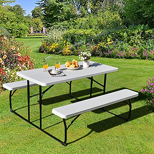 Giantex Folding Picnic Table Bench Set, Outdoor Dining Table Set, Large Camping Table for Patio Deck Lawn Garden Backyard Poolside, Portable Picnic Tables, Weather Resistant Metal Frame, White - color: White