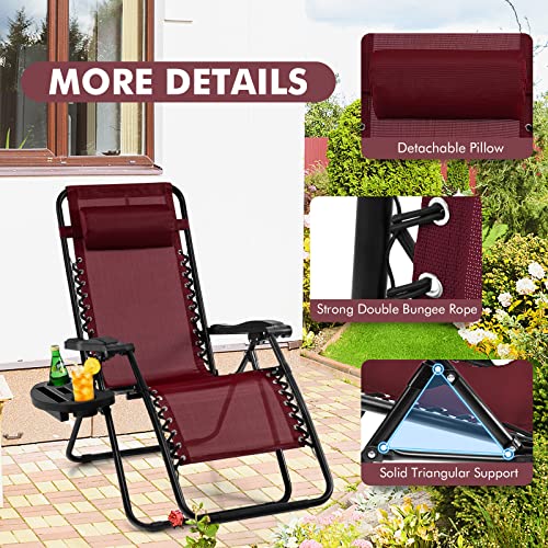 Giantex Zero Gravity Reclining Chair, Outdoor Patio Recliner with Cup Holder & Removable Pillow, Adjustable Backrest, Indoor Lounge Chair for Backyard, Garden, Poolside (Burgundy) - color: Burgundy, size: 1 Count (Pack of 1)