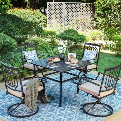 PHI VILLA 5 Pieces Outdoor Dining Set for 4, 37" Black Square Wrought Iron Table with Umbrella Hole & Metal Swivel Chairs with Cushions, Outside Furniture for Patio, Deck, Yard, Porch - color: Hexagon Back Swivel Chair, size: 5PCS-37" Steel Table