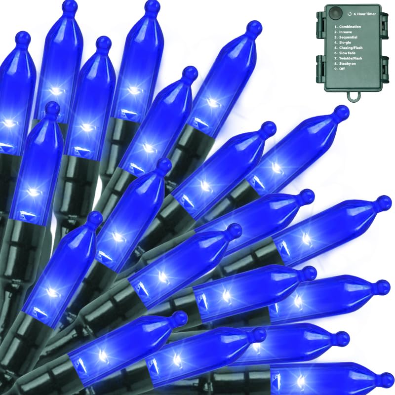 LAMPHOME 50 LED Blue Christmas Lights Outdoor, 16 FT Mini String Light with 9 Modes & 6 Hour Timer, Waterproof Battery Operated for Indoor Outdoor Patio Garden Party Tree Decoration - color: Blue, size: 50 Count