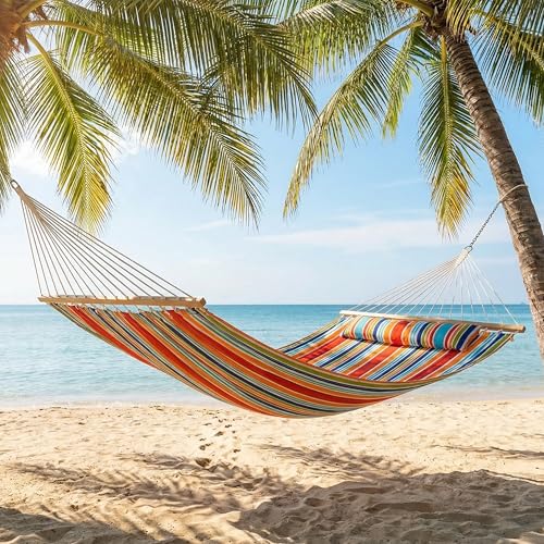 Sunnydaze Quilted Double Hammock for Outside with Spreader Bars and Pillow - 450 lb Capacity, 74x55 Inch Bed, UV Resistant, Quick Dry - Chains Included, Stand Sold Separately - Caribbean Stripe - color: Caribbean Stripe