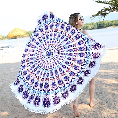Benefeet Sox Beach Towel Large Round Mandala Pool Towels Tassels Microfiber Quick Dry Beach Blanket Throw Bohemian Roundie Swim Pool Circle Towel, 59 Inches - color: Multi Mandala, Purple Blue White