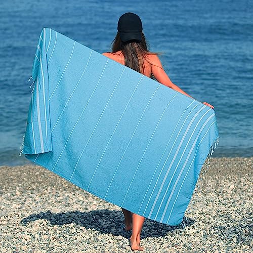 HILLFAIR Cotton Turkish Beach Towels, Quick Dry Lightweight Sand Free Peshtemal Towel for Bath Swim Yoga Pool Travel, Beach Accessories, Oversized Cotton Turkish Towels (39 x 72 inch- 4 Pack Sky) - color: Sky, size: 39 x 72 inch ( Beach towel - 4 PACK )