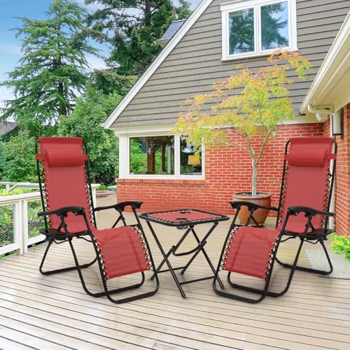 Athena Collection Zero Gravity Outdoor Lounge Chair Set of 2 with Side Table, 25" Width Pool Lounge Lawn Chairs Reclining with Cup Holder, Outdoor Chaise for Beach Patio Backyard Outside, Dark Red - color: Dark Red, style: 25" Width
