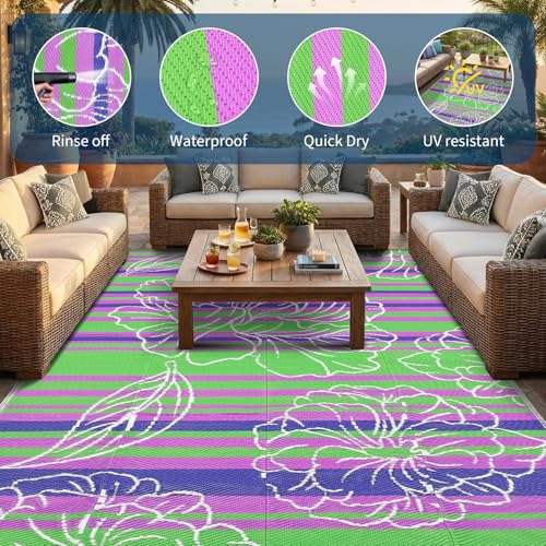 Garvee 5x8 Plastic Straw Outdoor Waterproof Rug, Floral Reversible Patio Rug, Portable Camping Mat for RV, Picnic, Beach, Balcony, Garden and Camping Lightweight&Easy to Carry, Green - color: Green, size: 5' x 8' (Rectangular)