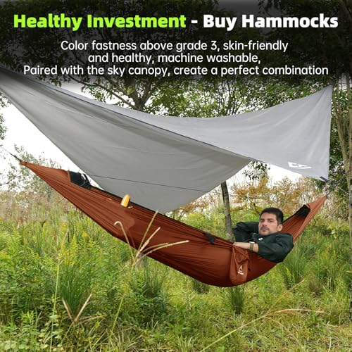 Camping Hammock with Mosquito Net – Portable Parachute Nylon Hammock Tent with Tree Straps, Camp Rope & Stake - for Hiking, Backpacking, Travel, Backyard, Beach – Holds Up to 500lbs (Orange) - color: Orange