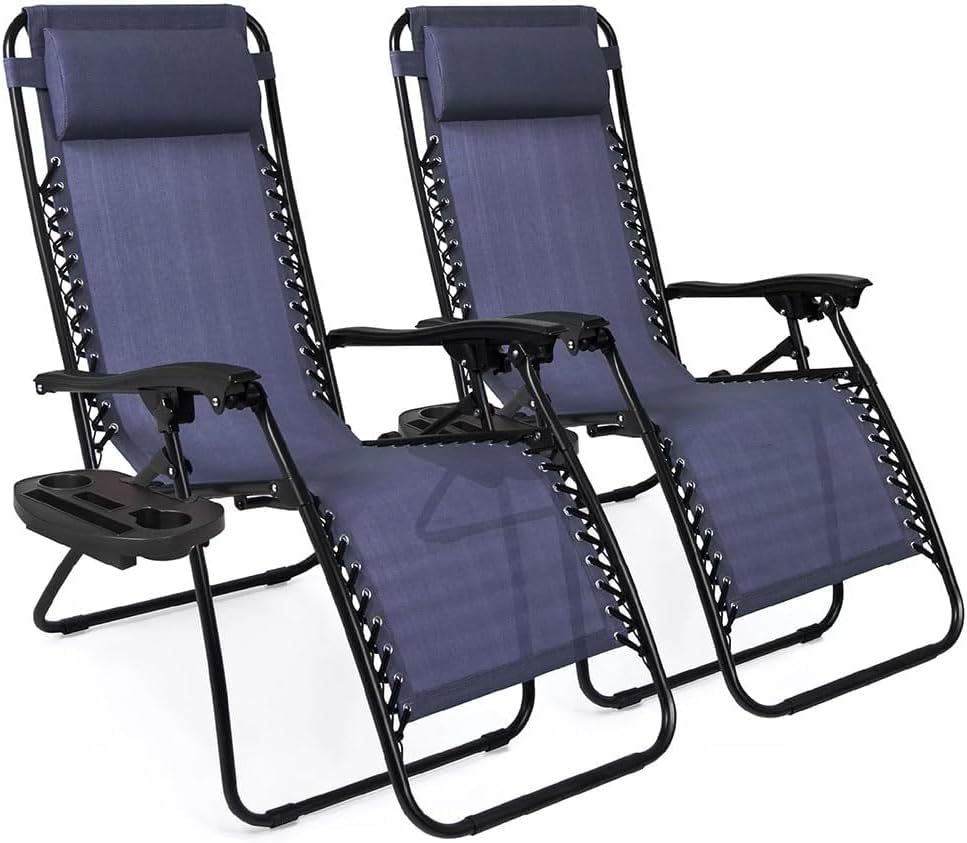 Amazing for less (2-Pack) Zero Gravity Lounge Chair Adjustable Outdoor Reclining Chair Folding Patio Anti-Gravity Indoor Outdoor Lounge Chair w/Pillow, Cup Holder (Two Chairs - NavyBlue) - color: Two Chairs - Navyblue