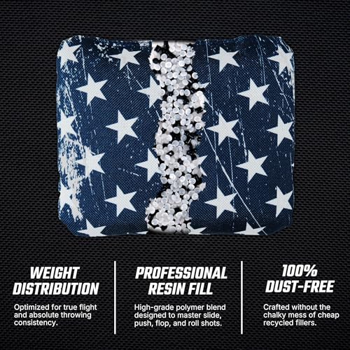 Professional Cornhole Bags Set of 8 - Dual Sided Stick & Slide (Suede/Woven) - Premium Resin Filled Regulation Weight & Size (6x6, 16oz) - Double Stitched Reinforced Seams with Carry Tote - color: Ameciana Patriot