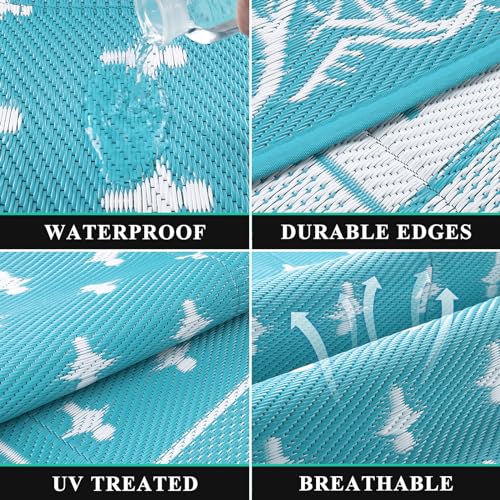 Pauwer Waterproof Outdoor Rug 8x10, Reversible Plastic Straw Patio Camping Rug, Indoor Outdoor RV Mat Carpet for Deck, Camper, Porch, Balcony, Backyard, Picnic, Bordered Teal - color: Bordered Teal, size: 8' x 10' (Rectangular)