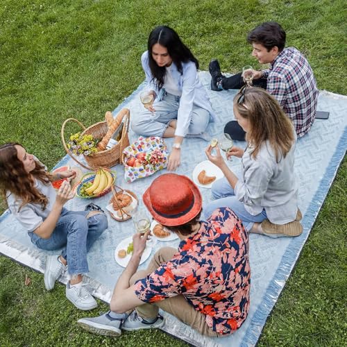 Hahafelt Extra Large Outdoor Picnic Blanket Oversize Beach Woven Cotton Yarn Blanket with Fringe Machine Washable Sandproof Portable for Spring Summer Camping Beach Park(Blue) - color: Blue