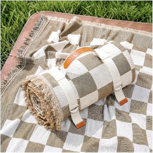 2 in 1 Extra Large Boho Beach Blanket Towel Sand Free Outdoor Picnic Mat Giant Oversized Xl Big Jumbo Huge Turkish Woven Throw Cloud Summer Vacation Essential Travel Must Have Accessories Women Gift - color: Checkered Brown