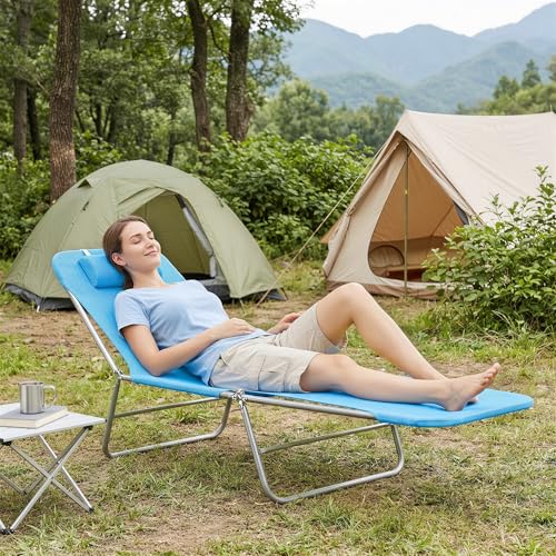 Outsunny Folding Chaise Lounge Pool Chairs, Outdoor Sun Tanning Chairs with Pillow, Reclining Back, Steel Frame & Breathable Mesh for Beach, Yard, Patio, Blue - color: Blue