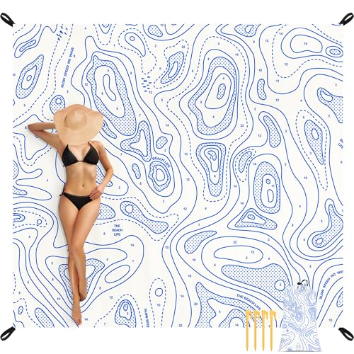 Beach Blanket Sandproof, 78''×86'' Large Waterproof Sand Free Beach Mat for 4 Adults, Big Compact Foldable White Beach Essential with 4 Stakes & 4 Corner Pockets for Picnic, Camping, Travel - color: White Coastline, size: 6.5x7.2 FT (1～4 person)