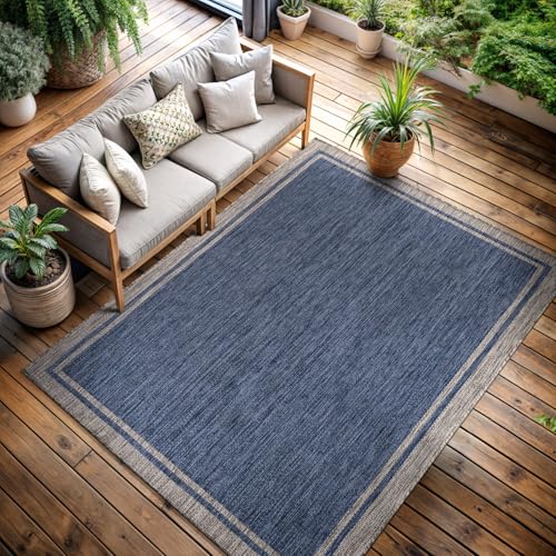 CAMILSON Outdoor Rug, 8x10 Bordered Navy Blue Gray Modern Area Rugs for Indoor and Outdoor Patios, Porches Waterproof Washable Porch Deck Outside Carpet (Bordered Navy, 8 x 10) - color: Bordered Navy, size: 8' x 10' (Rectangular)