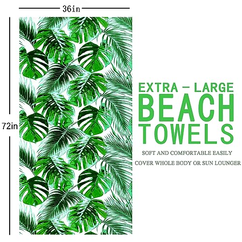Genovega Oversized Terry Beach Towel 36 x 72 in Soft Extra Large Big Pool Swim Towels for Adult XL Clearance Big Travel Blanket Cruise Vacation Accessories Essentials Lounge Chair Cover Green Leaves - color: Green Leaves