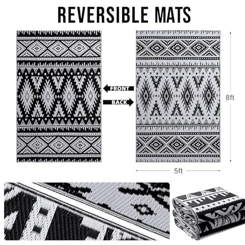 OLANLY Outdoor Rug Waterproof 5x8 ft, Reversible Outdoor Plastic Straw Rug, Boho Patio Rug, Indoor Outdoor Carpet, RV Mat Outside for Patio, Camp, Picnic, Balcony, Deck, Backyard, Black & White - color: Black & White, size: 5' X 8' (Rectangular)