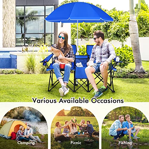 COSTWAY Double Portable Picnic Chairs, Folding Camping Chairs w/Detachable Umbrella, Cooler Bag, Cup Holders, Patio Beach Camping Chairs for Outdoors, Blue - color: Blue