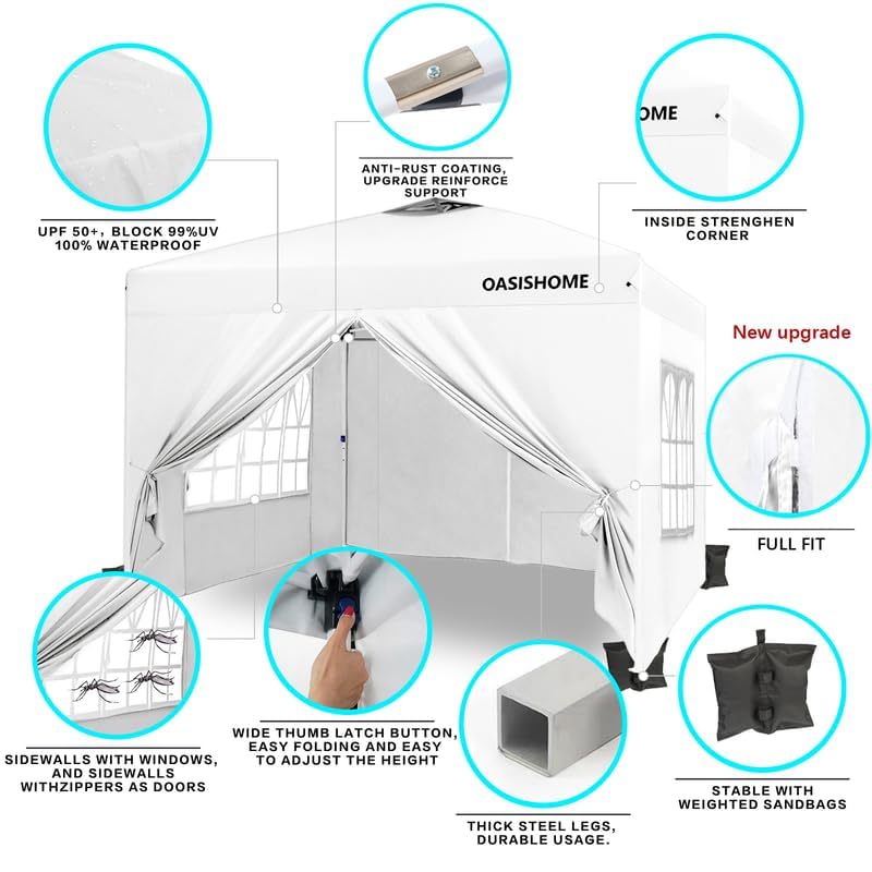 OASISHOME Pop-up Gazebo Instant Portable Canopy Tent 10'x10', with 4 Sidewalls, Windows, Wheeled Bag, for Patio/Outdoor/Wedding Parties and Events (10FTx10FT, White) - color: White