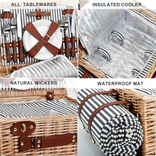 Picnic Basket with Blanket and Wine Pouch for 4, Wicker Picnic Set with Insulated Liner Cooler Bag Hamper for Camping,Wedding - Stripes - color: Stripes With Blanket for 4