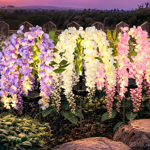 GIGALUMI Solar Lights Outdoor for Garden Decor, 3 Pack Solar Flower Lights Waterproof, 2 Lighting Modes Wisteria for Pathway,Yard, Patio Decoration, Gardening Gifts for Women (Multi-Colored) - color: Multicolor