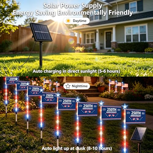 8 Pack Solar American Flag Pathway Lights - Patriotic Red White Blue Outdoor Stake Waterproof LED Lights with 8 Modes, Decorations 4th of July Memorial Day & Independence Day Yard Garden (Style C) - color: Style C