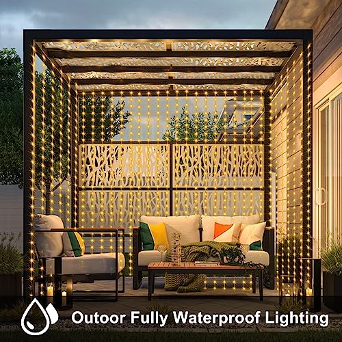 echosari Curtain Lights Battery Operated 200 LED Curtain Fairy Lights 6.6×6.6ft with Remote Timer Outdoor Wall Light Fully Waterproof for Wedding Backdrops Bedroom Decor (Warm White) - color: Warm White, size: 6.6Ft x 6.6Ft