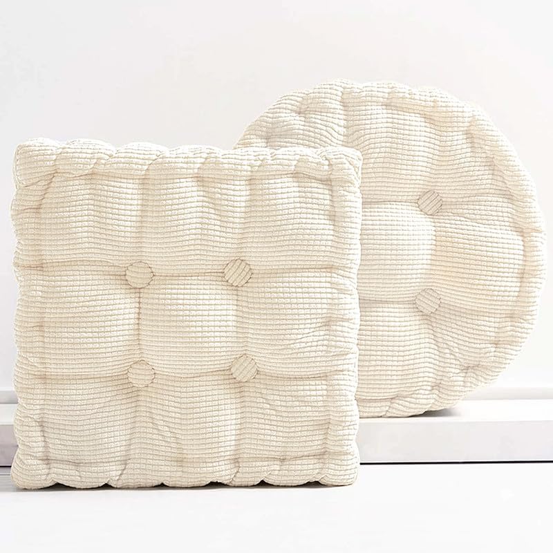 Meditation Floor Pillow Set of 2 Large Square and Round Floor Cushions for Adults Ivory Corduroy Floor Seat Pillows Cushion for Living Room Balcony Tatami Yoga,18x18 Inch - color: Ivory