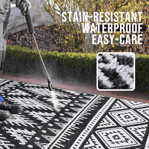 OLANLY Outdoor Rug Waterproof 10x14 ft, Reversible Outdoor Plastic Straw Rug, Boho Patio Rug, Indoor Outdoor Carpet, RV Mat Outside for Patio, Camp, Picnic, Balcony, Deck, Backyard, Black & White - color: Black & White, size: 10' X 14' (Rectangular)