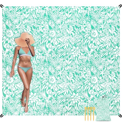 Beach Blanket Waterproof Sandproof Oversized, 110''×118'' Extra Large Beach Mat Sand Free, Lightweight Compact Folable Pinic Blanket w/ 4 Stakes & Pockets for Camping, Travel - color: Larkspur Mint, size: 9x10 FT (1～8 person)