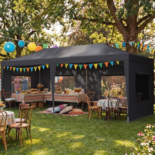 Quictent 10x20 Pop up Canopy with Sidewalls Easy up Canopy Tent Instant Shelter with Windows for Outdoor Events Parties Weddings Commercials Vendors - color: Black, size: 10x20 With Sidewall