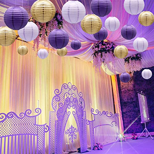 Paper Lanterns Decorative, Round Hanging Lanterns Party Supplies for Graduation Bachelorette Gender Neutral Baby Shower Birthday Party Decorations Purple/Lavender/Gold 21pcs - color: PurpleGold