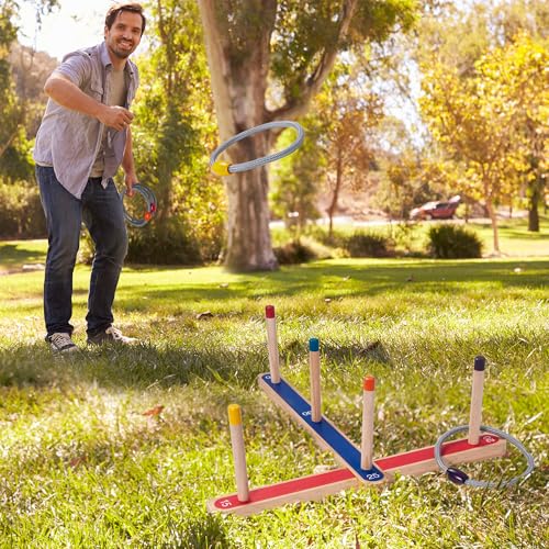WILLOWDALE Wood Ring Toss Game for Kids, Outdoor Yard Games with 5 Rope Rings, Backyard Fun Ring Toss Rings, Wooden Outdoor Games for Adults and Family, Indoor Games for Kids (Red & Blue)