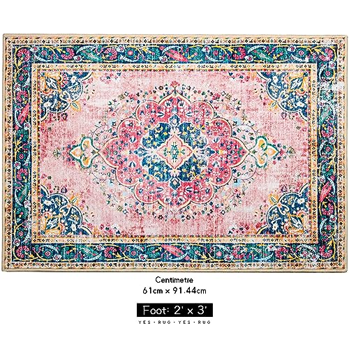 Small Area Rug 2x3 Pink Boho Bathroom Rug for Entryway Kitchen Blush Thin Foldable Vintage Throw Rug Low Pile Non Slip Washable Indoor Carpet - color: A#pink, size: 2' x 3' (Rectangular)