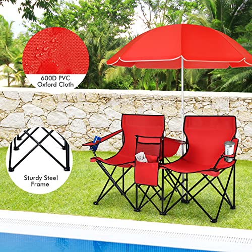 LDAILY LUARANE Folding Double Camping Chair, Outdoor Picnic Chairs w/Removable Umbrella, Mini Table, Cup Holder & Carrying Bag, Portable Camping Loveseat for Patio, Pool, Lawn, Beach, Park (Red) - color: Red