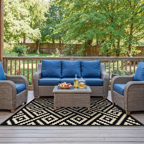 sarben Outdoor Rug for Patio - Waterproof Plastic Straw Camping Rugs 4x6 ft, Reversible Outdoor Indoor RV Mat Carpet for Patio, Porch, Deck, Balcony, Picnic, Beach, Black Beige - color: Black&beige, size: 4' x 6' (Rectangular)
