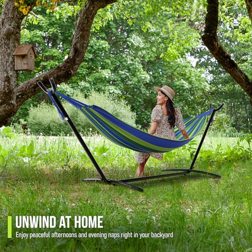 Sorbus 2-Person Hammock with Stand – 60" Cotton Blend Bed, Heavy Duty 450lbs Capacity, Portable with Carrying Case – for Garden, Patio, Outdoor, Camping, Gifts – Washable - color: Blue/Green