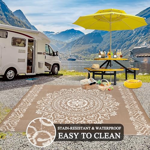 Pauwer Waterproof Outdoor Rug 6x9, Reversible Plastic Straw Patio Camping Rug, Indoor Outdoor RV Mat Carpet for Deck, Camper, Porch, Balcony, Backyard, Picnic, Floral Brown - color: Floral Brown, size: 6' x 9' (Rectangular)