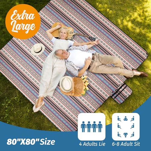 Picnic Blankets Extra Large Outdoor - Beach Blanket Waterproof Sandproof with Shoulder Strap, Machine Washable, Picnic Mat with Stakes for Grass Concert, Park.BohoPattern - color: Red