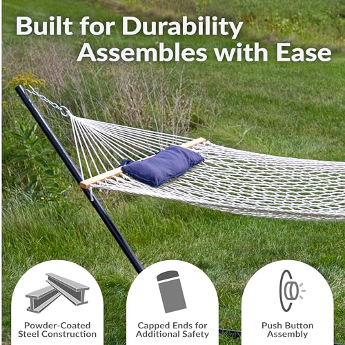 Sunnydaze Rope Hammock with Stand for Outside - Heavy Duty Freestanding Portable Outdoor Hammock Set with Quilted Pad, Pillow, and 12-Foot Steel Frame - 275 lb Capacity - Lakeview - color: Lakeview