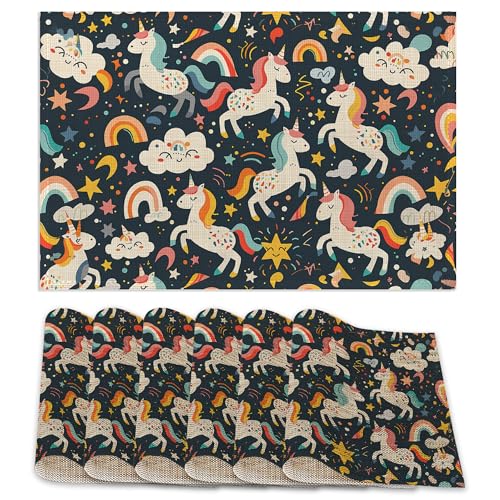 6 Pcs Placemats,Cute Unicorn Placemats,Color Rainbow Table Mats Washable Recyclable Table Placemat for Indoor Outdoor Heat Resistant Kitchen Dining 12"x18" - color: Cute Unicorn,color Rainbow