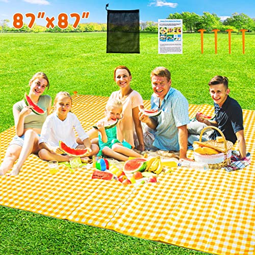 ZHUYNXIR Extra Large Picnic Blanket, 87x87 inch Waterproof Picnic Blanket, Gingham Picnic Mat for Beach, Camping Grass Picnic Blankets. - color: Yellow